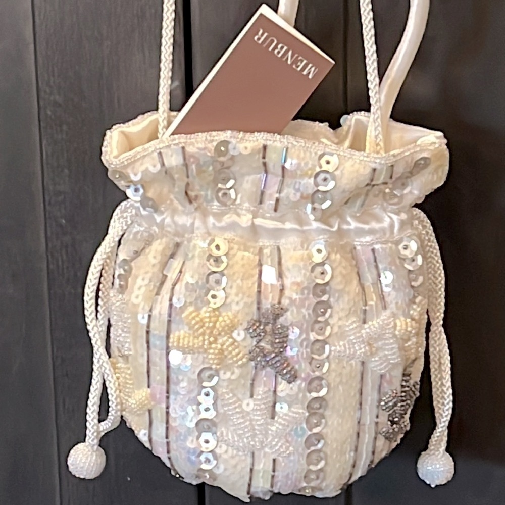 Evening Bag. Iridescent beads and sequins. Draw string closure. White/cream